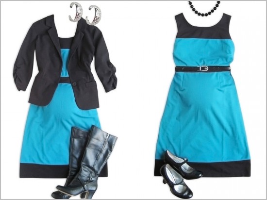 Two options for a maternity dress. One for warmer weather, one for colder weather.